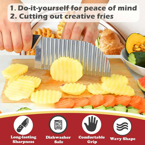 Person using Large Crinkle Cutter Wave Potato Slicer for Easy Fries and Chips with Stainless Steel Blade and Comfortable Handle