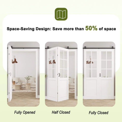 52 Inch By 80 Inch Frosted Glass Bifold Barn Door Kit With 64 Inch Track showing fully opened, half closed, and fully closed views