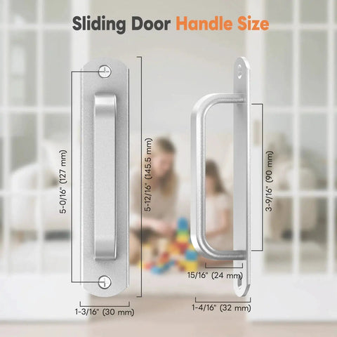 Sliding Barn Door Handle Set In Aluminum Alloy For Closet showing handle dimensions and silver finish.