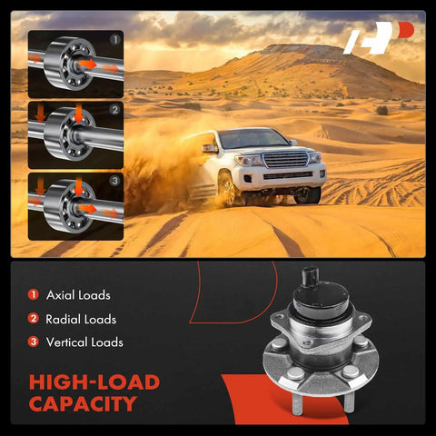 Rear Wheel Bearing And Hub Assembly With ABS For Toyota Corolla 2003 2008 Matrix 2003 2008 Prius 2004 2009 And Pontiac Vibe 2003 2008 Five Lug FWD Only showing hub and load capacity for axial, radial, and vertical loads.