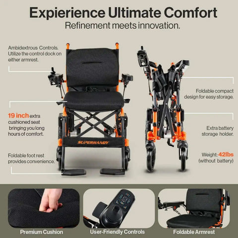 Front and folded side view of GoRide 2 Electric Wheelchair Lightweight 42 Lb Foldable With Dual Brushless Motors Zero Turn Electromagnetic Brake Portable Mobility Up To 300 Lb Capacity 18.5 Inch Wide Seat Cushioned Comfort Travel Ready with controls visible.