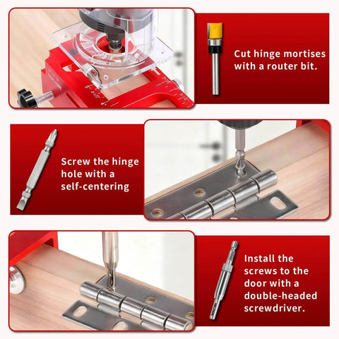 Adjustable Door Hinge Jig For Jambs And Routers, Aluminum Alloy Hinge Template Kit Fits Door Hinges From Two Point Five To Five Inches, Radius One Quarter Inch Or Radius Five Eighths Inch, Red, Durable Router Template Tool For Precise Installations shown in use with a door and router.