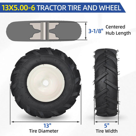 13x5.00-6 Tubeless Tiller Tire And Wheel Set With 1 Inch Axle And 3-1/8 Inch Centered Hub For Agriculture Equipment front and side view
