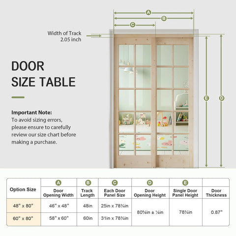 Preassembled Solid Spruce Wood Double Sliding Closet Doors Set With Bypass Hardware Track Kit 60 Inch By 80 Inch Two 31 Inch Tempered Clear Glass Panels Barn Door Slab For Interior Pantry Kitchen Built To Last Rustic Style with size chart.