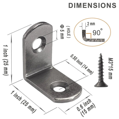 L Shaped Corner Bracket 1 Inch Right Angle Metal Support For Wood Shelves Cabinets Furniture Desks Drawers Pack Of 16 With Screws Gun Metal Black Finish dimensions diagram