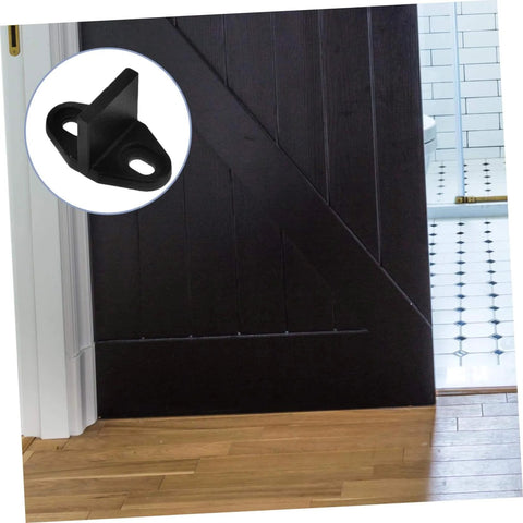 Sliding Barn Door Floor Guide Rail Low Profile Hardware Swing Stopper, installed on wood floor, black steel, for interior doors