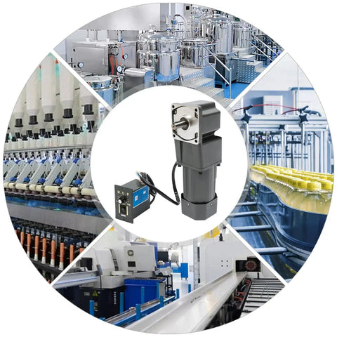 Beefy 110V 120W Electric Gear Motor with Speed Controller for industrial machinery and automation, shown with factory machinery.