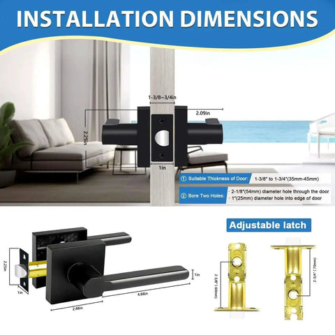8 Pack Black Heavy Duty Passage Door Levers For Closets Hallways And Conference Rooms Non Locking Square Interior Door Handles showing installation dimensions and adjustable latch with measurements.