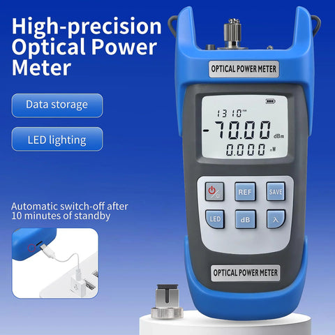 Blue handheld optical power meter with LCD display showing -70.00 dBm and a keypad; includes FC-LC adapter (front view).