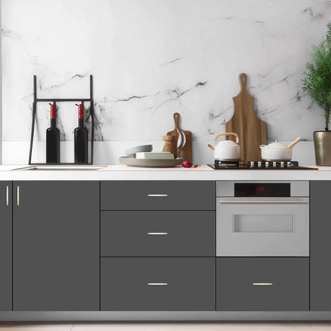Modern kitchen featuring 30 Pack Curved Cabinet Pulls With 3 Inch Center Hole Brushed Nickel Zinc Alloy Durable Handles on dark cabinets.