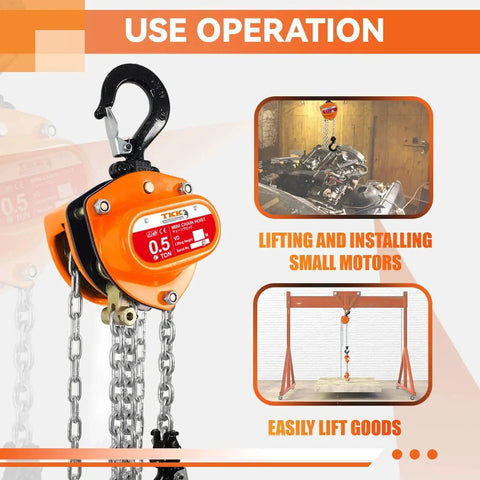 Half Ton Chain Hoist 1100 Lbs Capacity 10 Ft Manual Chain Block With Hooks showing use and operation examples