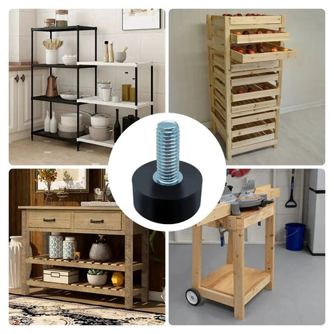 Eight Pack M8 Adjustable Rubber Furniture Levelers displayed with shelving units emphasizing non-slip chair leg fit