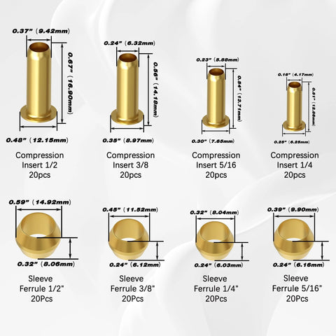 Brass compression inserts and sleeve ferrules, 4 sizes (1/4, 3/8, 5/16, 1/2 in), 20 pcs each, 160 pcs total