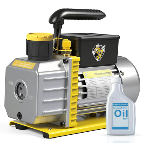 Workhorse 4 CFM 110V One Third HP A2L Single Stage Rotary Vane Vacuum Pump For R12 R22 R134a R410a R502 R32 R1234yf HVAC Systems Ideal For AC Service Resin Degassing And Auto Refrigerant Maintenance Includes Oil Bottle with included oil bottle.