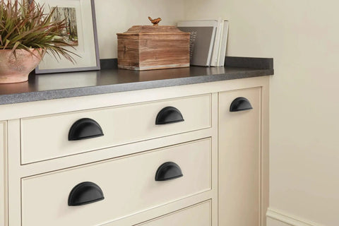 Matte Black Traditional Style Cabinet Cup Pull For Cabinets And Drawers With Three Inch Center To Center Mounting, installed view