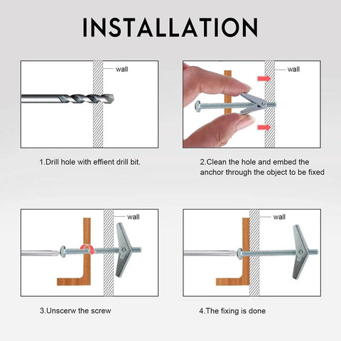 Installation diagram for 30 Pack Zinc Plated Steel Round Head Toggle Bolts With Wing Nuts For Hanging Heavy Items On Drywall.