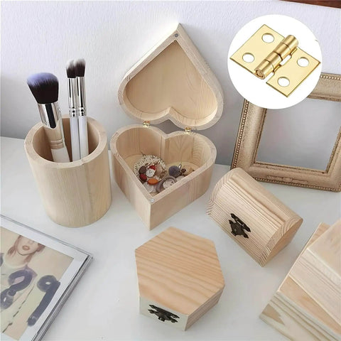 500Pcs Small Brass Antique Mini Hinges With Screws And Screwdriver For DIY Crafts Jewelry Box Cabinet Dollhouse Projects Folding Butt Hinges Durable Metal Hardware For Craft Boxes Home Decor Easy Install shown with craft boxes and brushes.