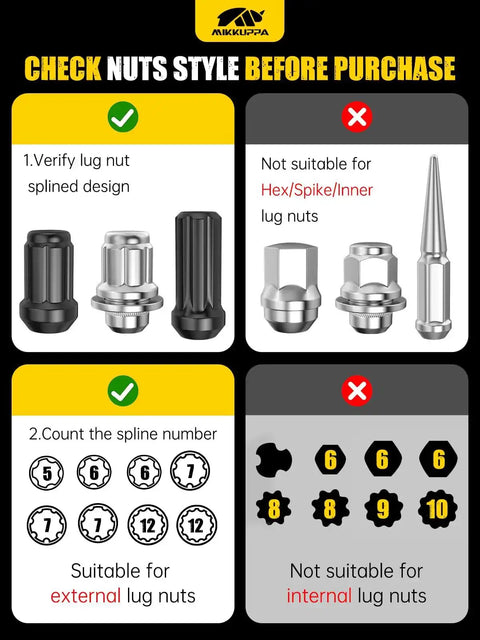Diagram highlighting compatibility of 8 Piece Pro Grade Spline Lug Nuts Socket Set With Locking Nut Removal Tool Kit for spline lug nuts.
