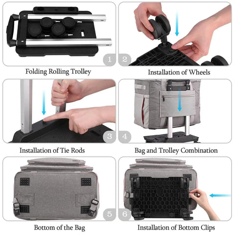 Rolling Bag With Detachable Dolly For Work Office Teaching And Craft assembly guide showing installation of wheels and trolley combination
