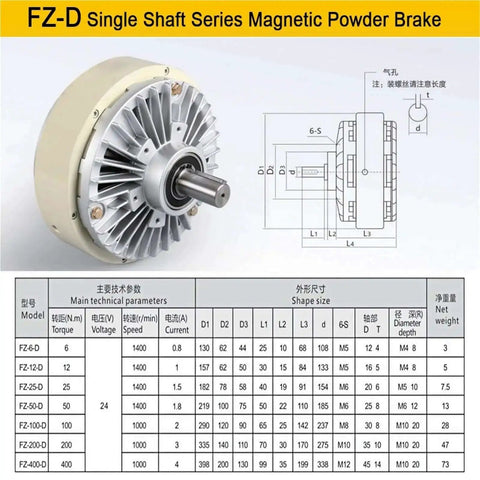 Powder Brake Tension Controller Kit For Textile Applications, Magnetic Particle Brake, with specifications and diagram