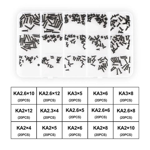 Image showing a labeled box of 300 Piece Black Laptop Screw Replacement Kit With Countersunk Self Tapping Screws KA2 KA2.6 KA3.