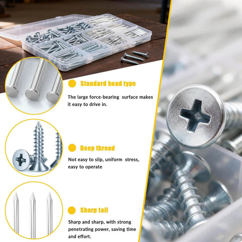 Premium Hardware Nails And Wood Screws Kit, 320-Piece Assortment With 11 Sizes, Phillips Flat Head, Galvanized Steel, Storage Box