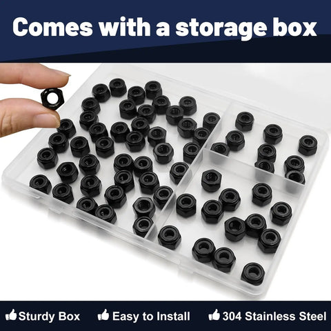 Quarter Inch Twenty Nylon Insert Lock Nuts 65 Pieces Black Oxide 304 Stainless Steel Nylock Nuts in storage box