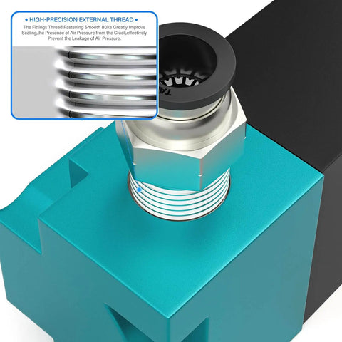 Two Way Three Port Pneumatic Valve With Beefed-Up High Frequency Operation For Fast Booster Control, 1/8 Inch NPT, DC 12V, 5.4W, Aluminum Body Solenoid Valve, 0-120 PSI, Electronic High Frequency Booster Valve For Industrial Automation, threaded connection, close-up view