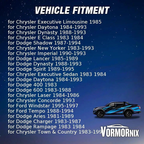 Vehicle fitment list for various Chrysler and Dodge models circa 1983-1993 with car illustration and Vormornix logo.