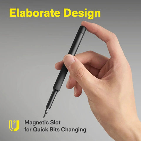 Hand holding 28 In 1 Precision Screwdriver Set With Magnetic Bits And Case For Eyeglasses Electronics Watches Phones Laptops And Cameras, Featuring 360 Degree Swivel Cap For One Handed Use And Quick Bit Changes Mini Repair Kit close-up.