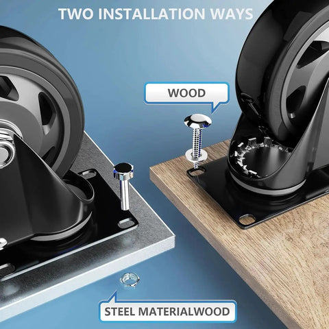 Installed view: 4-inch caster wheels with brakes on swivel top-plate mounted to wood and metal bases