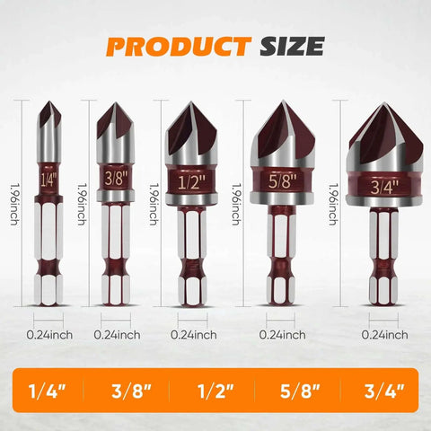 5 Piece Countersink Drill Bit Set With 82 Degree Premium HSS Countersink Bits Quick Change Hex Shank One Quarter To Three Quarter Inch For Wood Metal And Plastic Projects Durable And Precise For Woodworking Metalworking And Plastic Applications showing bit sizes