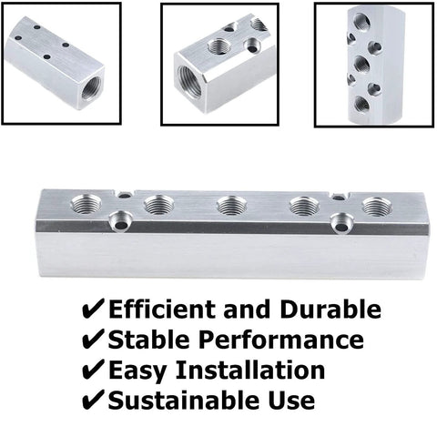 Amazon Still Awake 2-Way pneumatic manifold block, aluminum alloy with G1/2 inlet and G1/4 outlets, multi-angle collage