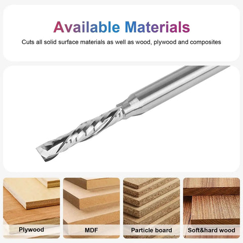 Solid Carbide Pro Grade Up Down Spiral Compression Router Bit For CNC Wood Carving Three Sixteenth Inch Cutting Diameter With One Quarter Inch Shank One Inch Cutting Length And Two And A Half Inch Total Length Built For Clean Plunge Routing And Fine shown next to wood materials