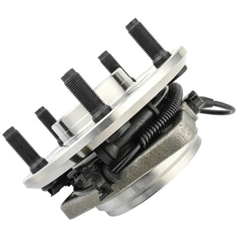 Side view of front wheel hub and bearing assembly for Jeep Wrangler 2007-2016 with five lugs and ABS, direct fit replacement.