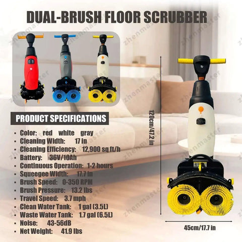 Cordless 3-In-1 Floor Scrubber And Washer Dryer, 17-Inch Wide Dual Tank System, Lightweight 44 Lb Workhorse Floor Cleaner Specifications