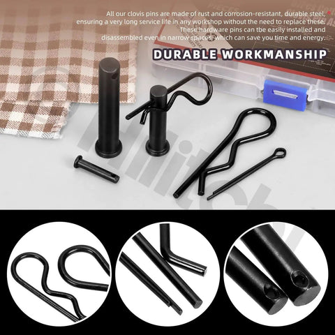 All-In-One Clevis Pin Kit With 67 Pieces Including Black Clevis Pins In M5 M6 M8 M10 M12 Sizes Plus Zinc Plated Cotter Pins And Hair Pins
