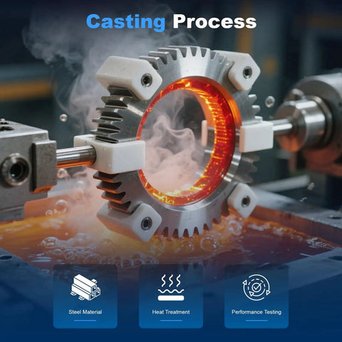 Casting process of a steel wheel hub with heat treatment, surrounded by clamps and machinery, illustrating performance testing.