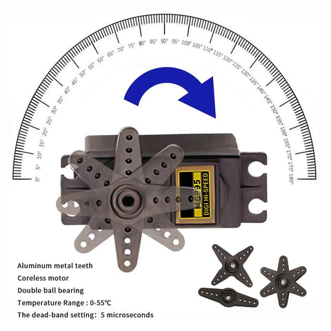 Beefy 55g Metal Gear MG995 Servo Motor Digital Torque Servo 4 Pack with rotation degrees and additional gear attachments.