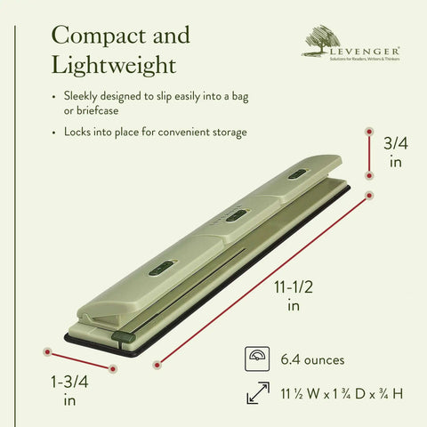 Circa 1 2 3 Portable Discbound Hole Punch Ultra Lightweight Mini Paper Puncher on green background with dimensions
