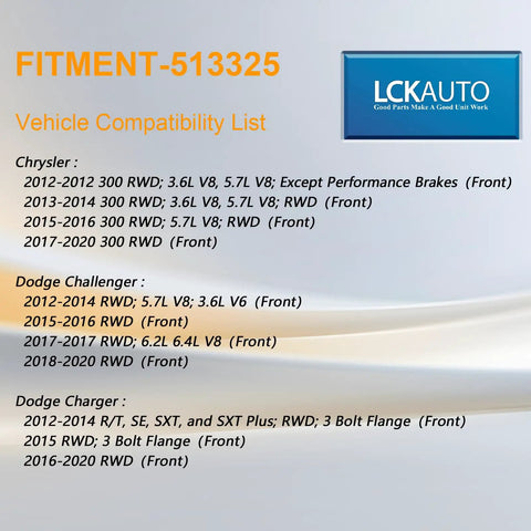 Compatibility list for Front Wheel Bearing Hub Assembly 513325 for 2012-2020 Chrysler 300, Dodge Challenger and Charger with ABS
