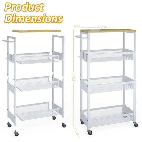Product dimensions of Slim Rolling Utility Cart Four Tier Metal Narrow Storage Cart with Wood Top and Handle