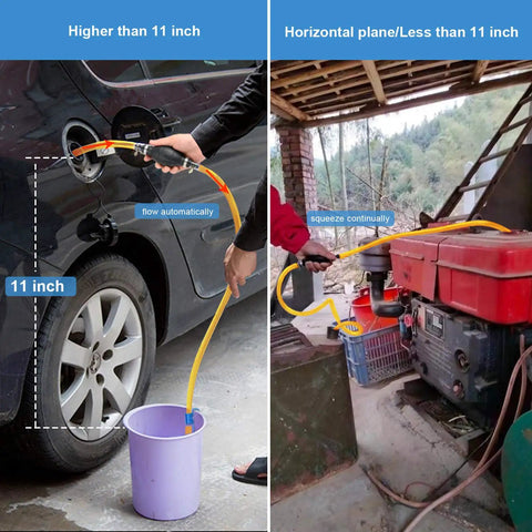 Fast Start Siphon Pump For Gasoline Diesel Transfer in use; siphoning fuel from a car to a bucket and generator.