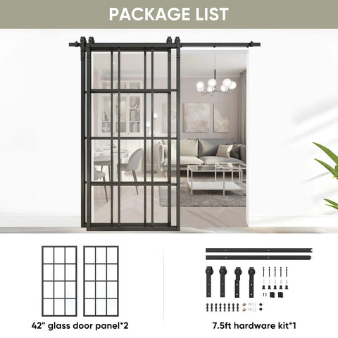 Bypass Double Glass Barn Door Kit With 84 By 84 In Clear Tempered Glass And 7.5 Ft Side Mounted Aluminum Black Frame Hardware