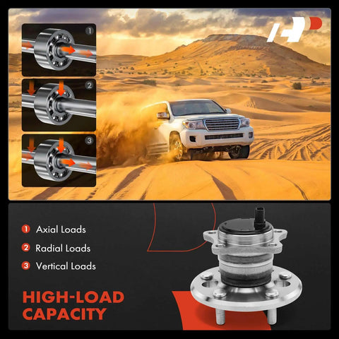 Rear Left Wheel Bearing And Hub Assembly With ABS For Toyota Camry 2002 To 2011 Highlander 2001 To 2003 Avalon Solara And Lexus ES300 ES330 ES350 5 Lug Direct Fit And Ready To Install For Easy Replacement With Four Wheel ABS Compatibility displayed with high-load capacity diagram