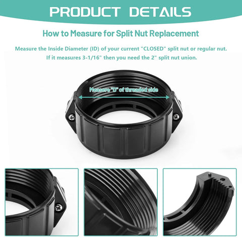 Black plastic 2-inch spa heater union split nut with screws, gasket and O-rings for Balboa Gecko heater assemblies