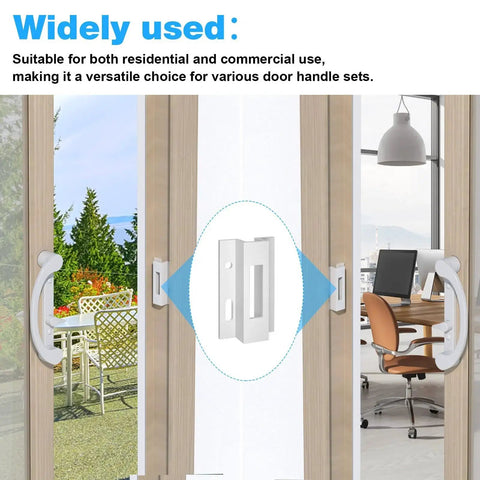 Sliding Door Keeper And Hook Style Latch Replacement E2124 Latch Lock For Micron 1200 Series And Viking Sliding Glass Doors With White Extruded Aluminum Construction For Durable Performance 1 Pack installed on glass doors