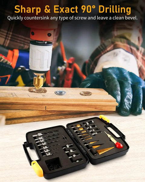 Carpenter using 34 Piece Woodworking Drill Bit Set With Countersink Bits Counter Sink Bits Plug Cutters Three Step Drill Bits And Drill Stop Collars In Durable High Speed Steel Case