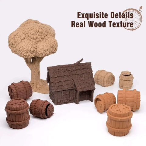 3D printed objects in wood PLA filament showing tree, barrels, and house from Wood PLA Filament Bundle 1.75mm 200g Each Four Pack With Real Wood Fiber Over 30 Percent In Walnut Oak Cherry Teak For 3D Printing That Looks Like Real Wood Grain For DIYers Premium Wood Finish Filament Set