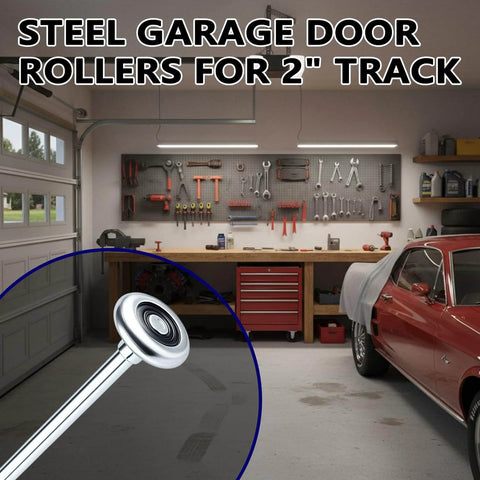 Steel garage showcasing 2-Pack 9 Inch Long Stem Steel Garage Door Rollers For 2-Inch Track with tool bench and red car in view.
